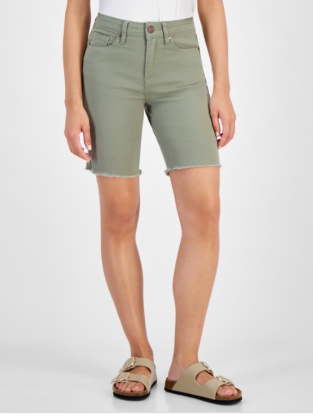 Dollhouse Juniors' High-Rise Frayed-Hem MIDI Shorts - Light Olive SIZE 5 US